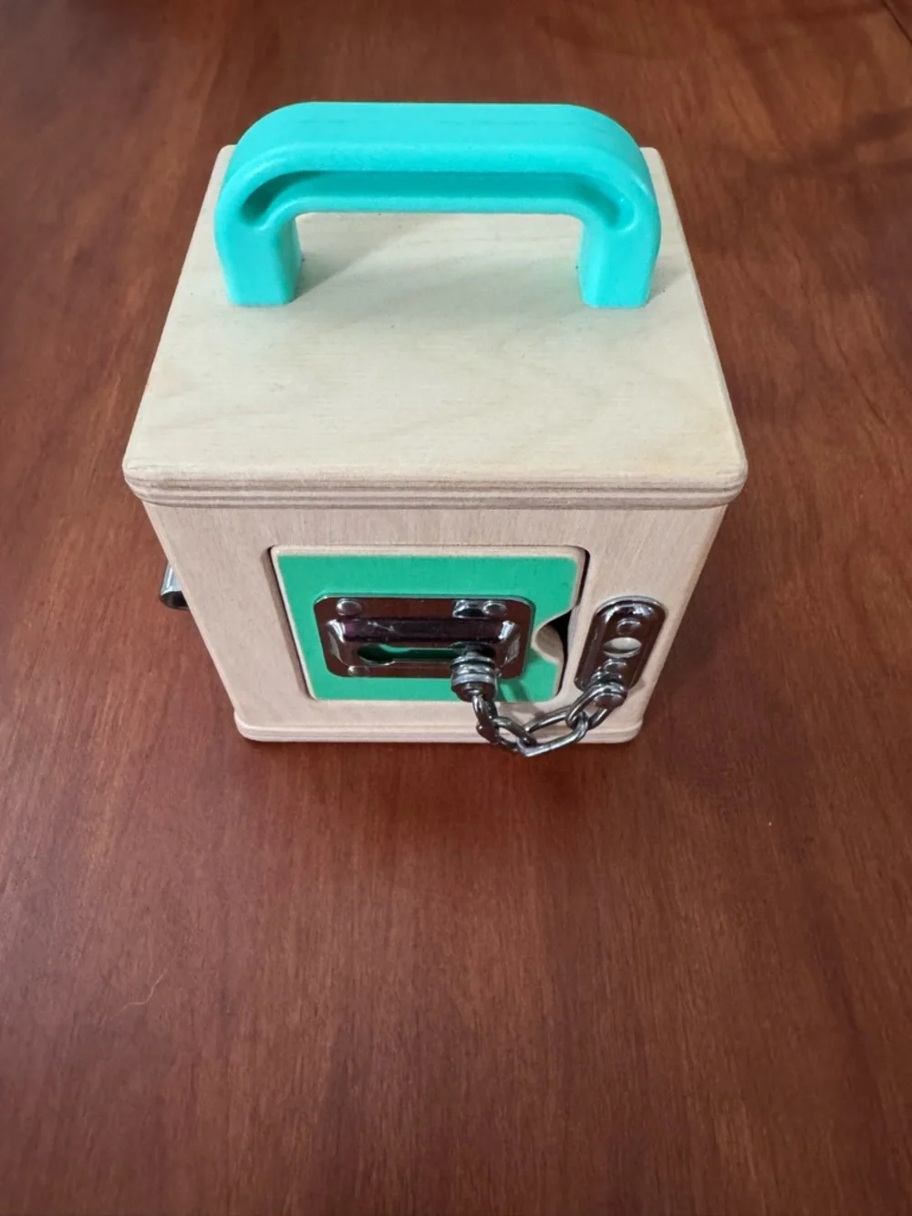 Lovevery Wooden Busy Box with Turquoise Handle